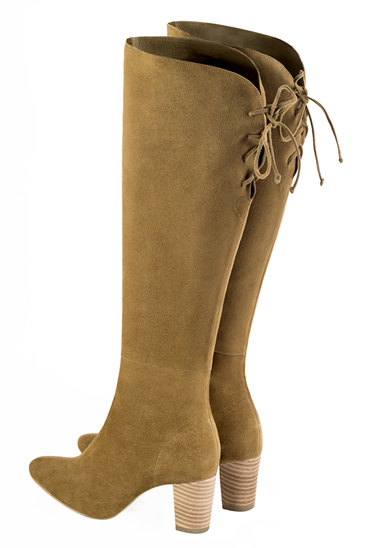 Camel beige women's knee-high boots, with laces at the back. Round toe. Medium block heels. Made to measure. Rear view - Florence KOOIJMAN